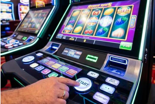 Man sieht eine Männerhand, die an einem Geldspielgerät spielt