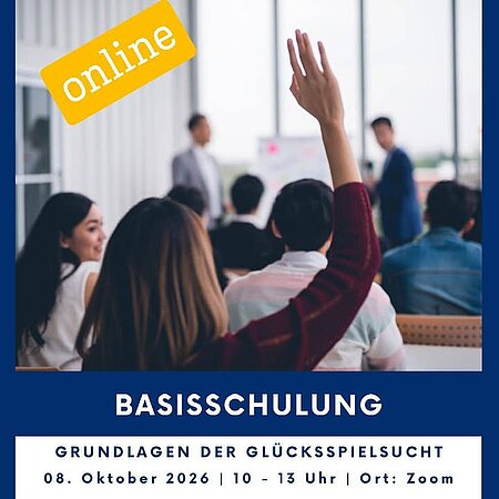 +++ Es sind noch Plätze frei +++

Online-Basisschulung der LSG zum Thema „Grundlagen der Glücksspielsucht“ 

Wann:
8. Oktober 2026
10:00 - 13:00 Uhr
 
Format:
Online via Zoom 

In dieser Schulung möchten wir Ihnen grundlegendes Wissen zum Thema Glücksspielsucht vermitteln. Dabei beantworten wir Fragen wie:

- Was ist ein Glücksspiel?
- Wie sind die rechtlichen Rahmenbedingungen?
- Wie häufig tritt pathologisches Glücksspiel auf?
- Welche Behandlungsansätze gibt es?

Alle Infos hier:

https://www.bas-muenchen.de/wp-content/uploads/LSG.BS-3-2026-Flyer.pdf