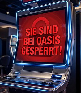 KI generiertes Bild mit einem Spielautomaten und dem Hinweis "Sie wurden bei OASIS gesperrt" 