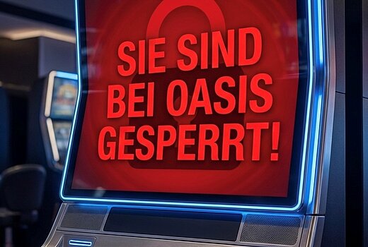 KI generiertes Bild mit einem Spielautomaten und dem Hinweis "Sie wurden bei OASIS gesperrt" 