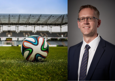 Das Bild zeigt links einen Fußball auf einem leeren Platz und rechts Konrad Landgraf